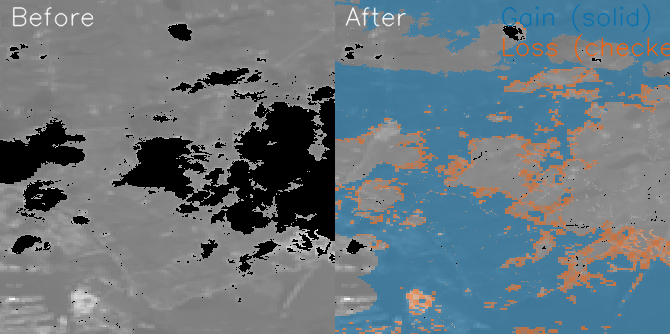 The satellite's high-altitude perspective. A pixelated landscape of gain and loss masks overlaying an area in Amsterdam Noord across a 3-day interval.